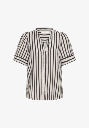 Blouse rayée avec décolleté en V, manches courtes bouffantes, fermeture à boutons, fabriquée en tissu léger ; les couleurs sont beige et noir avec des rayures verticales.