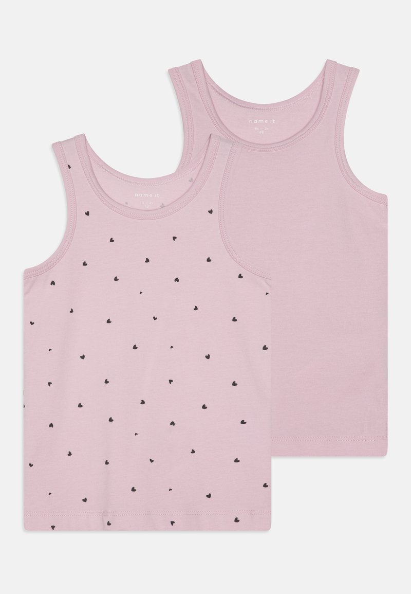 Du nei rožiniai liemenukai: vienas su pakartojančiu juodu širdelių raštu, o kitas vienspalvis rožinis. Minkšta, medvilninė medžiaga; klasikinio stiliaus; be rankovių dizainas.