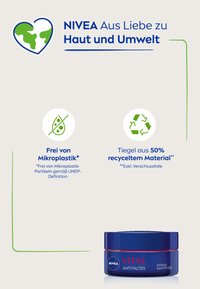 NIVEA Vital anti-wrinkle cream in a blue jar made from 50% recycled material, featuring a red label and clear lid. Free from microplastics.