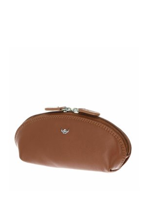 Braune Lederetui mit doppeltem silbernem Reißverschluss und kleinem silbernem Flügellogo auf der Vorderseite.