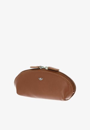 Petite pochette en cuir marron avec double fermeture éclair argentée et petit logo ailé argenté sur le devant.