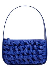 Niebieska, pleciona skórzana torebka o płaskim kształcie, z pojedynczym paskiem na ramię i zamkiem błyskawicznym. Charakteryzuje się teksturowanym, plecionym wzorem materiału.