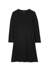Schwarzes Kleid mit rundem Halsausschnitt, drei Viertel langen Ärmeln und einem Reißverschluss im Rücken. Gefertigt aus glattem Stoff mit einer schlichten A-Linien-Silhouette.
