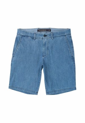Blå denimshorts med knaplukning, almindelig pasform, sidelommer og en diskret tekstur. Har syninger langs kanten.