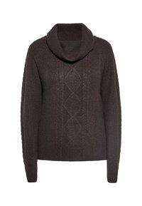 Donkerbruine gebreide trui met een col, textuur ribbelmotief en kabelbrei accenten langs de middenlijn. Lange mouwen maken het ontwerp compleet.