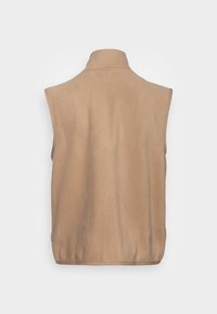 Gilet beige senza maniche realizzato in tessuto morbido con collo alto; texture liscia e dettagli di cuciture sottili all'orlo e alle aperture delle maniche.