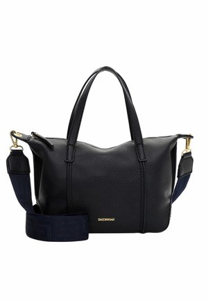 Borsa a mano in pelle nera con forma strutturata, dettagli in metallo dorato e tracolla staccabile in tessuto blu navy con motivo geometrico.