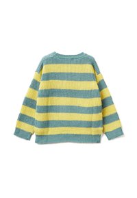 Sweter dzianinowy z okrągłym dekoltem, z poziomymi paskami w kolorze turkusowym i żółtym, luźny krój oraz ściśle opasane mankiety.