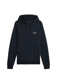 Felpa blu navy in misto cotone, dotata di tasca a marsupio, coulisse regolabile e logo bianco "LYLE ATHLETIC" sul petto.