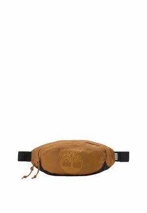 Marsupio marrone con fondo nero, tasca frontale con zip, doppia cerniera e logo dell'albero al centro.