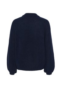 Pull en maille bleu marine avec un col rond, une silhouette ample et des manches longues bouffantes. Texture douce, détails minimalistes.