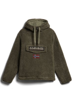 Bluza z kapturem z polaru w kolorze oliwkowym, z przednią kieszenią na zamek, kapturem ze ściągaczem, logo Napapijri i naszywką norweskiej flagi na piersi.