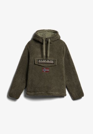 Olivengrøn fleece-hættetrøje med lynlåslomme foran, snøretræk i hætten, Napapijri-logo og norsk flagpatch på brystet.