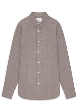 Long-sleeve, collared shirt in a light brown fabric with a subtle texture. Features a button front and a single chest pocket.