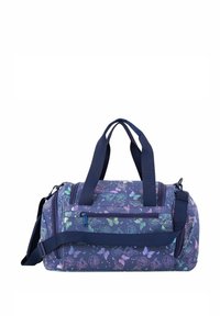 Duffle bag in navy blue with floral and butterfly patterns; features dual top handles and an adjustable shoulder strap. Textured fabric.