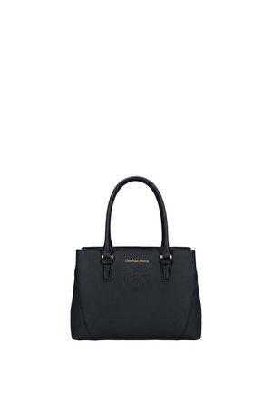 Borsa a mano in pelle nera con doppi manici, logo dorato e motivo a cuore traforato al centro davanti.