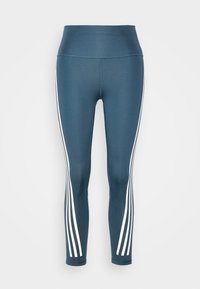 Leggings blu navy a vita alta con una texture liscia, caratterizzati da tre strisce bianche verticali su ciascun lato. Design alla caviglia.