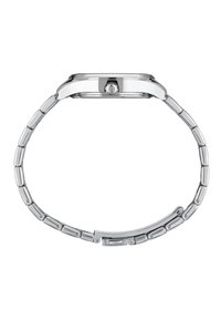 Montre en acier inoxydable argenté avec un boîtier rond, couronne à trois heures et un bracelet de style maillons. Fini lisse et brillant dans l'ensemble.