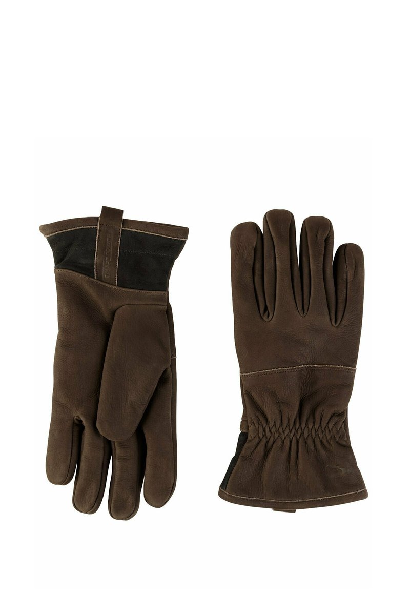 Braune Lederhandschuhe mit strukturierter Oberfläche, die ein anschmiegsames Design und ein elastisches Handgelenk aufweisen, um eine enge Passform für Wärme zu gewährleisten.