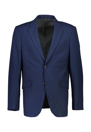 Marineblauwe blazer met twee knopen, notch revers en zijzakken; gemaakt van gladde stof met volledige voering en een getailleerde pasvorm.
