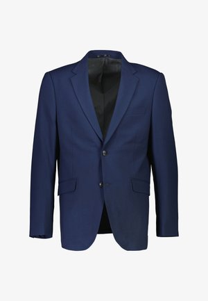 Marineblauwe blazer met twee knopen, notch revers en zijzakken; gemaakt van gladde stof met volledige voering en een getailleerde pasvorm.