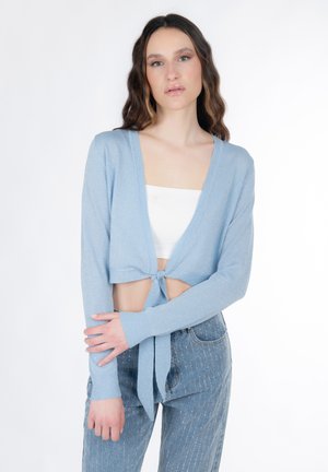 Vrouw met golvend bruin haar draagt een lichtblauwe cardigan die in de taille is gestrikt over een wit crop topje en een broek met hoge taille in blauw met zilveren strepen.