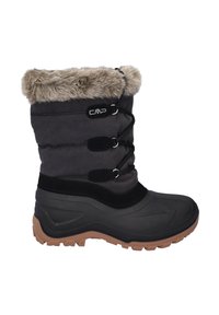 Sort vandtæt snestøvle med faux fur foring, justerbare snørebånd, gummisål og tekstureret overdel; har CMP-logo på siden.