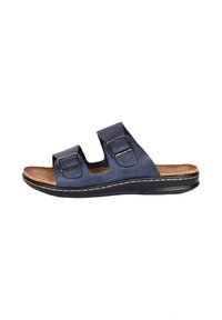 Sandali in pelle blu con due cinturini regolabili, fibbie argento, soletta imbottita e suola in gomma nera con cuciture bianche.