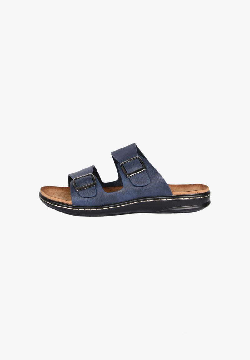 Sandali in pelle blu con due cinturini regolabili, fibbie argento, soletta imbottita e suola in gomma nera con cuciture bianche.