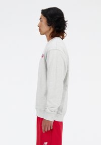 Sweatshirt gris avec un col rond et des manches longues, arborant un petit logo sur la poitrine, associé à un pantalon rouge. Texture lisse.
