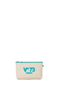 Pochette in cotone color crema con accenti turchesi, presenta il logo ricamato "V°73 VENEZIA", chiusura con zip, forma rettangolare, superficie testurizzata.