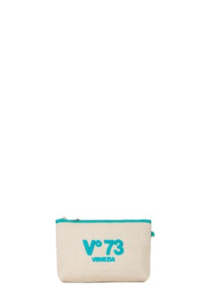 Pochette in cotone color crema con accenti turchesi, presenta il logo ricamato "V°73 VENEZIA", chiusura con zip, forma rettangolare, superficie testurizzata.