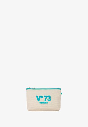 Pochette in cotone color crema con accenti turchesi, presenta il logo ricamato "V°73 VENEZIA", chiusura con zip, forma rettangolare, superficie testurizzata.