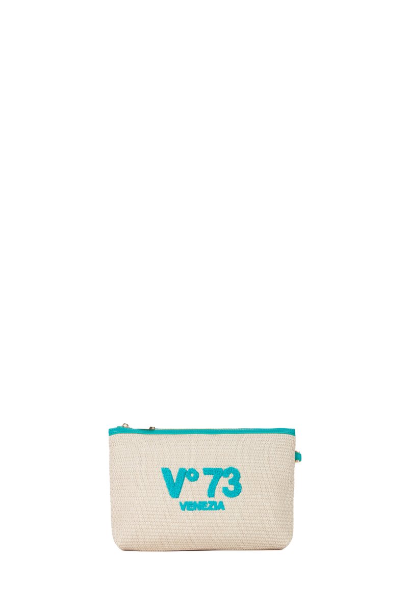 Pochette in cotone color crema con accenti turchesi, presenta il logo ricamato "V°73 VENEZIA", chiusura con zip, forma rettangolare, superficie testurizzata.