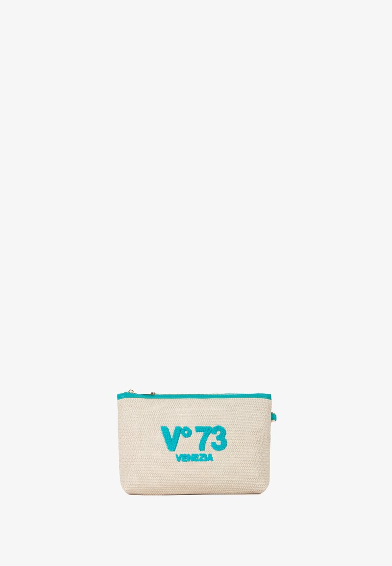 Pochette in cotone color crema con accenti turchesi, presenta il logo ricamato "V°73 VENEZIA", chiusura con zip, forma rettangolare, superficie testurizzata.