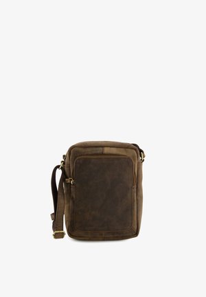 Bruine leren crossbodytas met voorvak met rits en verstelbare riem, ontworpen voor dagelijks gebruik.