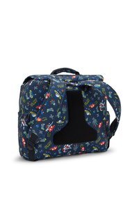Marineblauer Rucksack mit verspielten Mustern von Raketen, Controllern und Aliens; ausgestattet mit einem gepolsterten schwarzen Rückenpanel und verstellbaren Trägern.