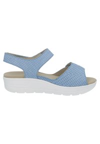 Blaue, gewebte Sandalen mit offener Zehenpartie, verstellbaren Riemen und einer weißen Wedge-Sohle. Texturiertes Obermaterial für zusätzlichen Halt und Komfort.