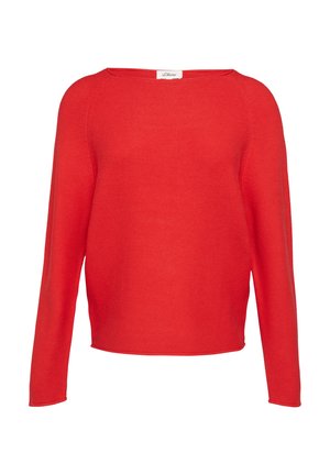 Pull tricot rouge avec un col rond, des manches longues et une coupe décontractée. Tissu texturé avec une finition lisse et sans motifs ni accents visibles.