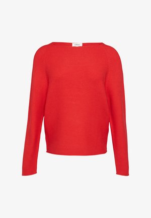 Roter Strickpullover mit Rundhalsausschnitt, langen Ärmeln und lockerer Passform. Strukturiertes Gewebe mit glatter Oberfläche und ohne sichtbare Muster oder Akzente.