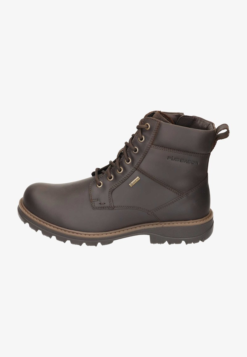 Brown leather ankle boot with round toe, lace-up design, padded collar, and rugged outsole. Features gold-tone hardware and a branded side.