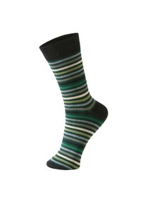 Skarpetka w paski w odcieniach zieleni, szarości i czerni. Posiada ściągacz oraz gładkie, teksturowane body. Charakteryzuje się pionowym wzorem pasków.