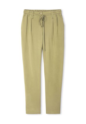 Hellgrüne Hose mit lockerem Schnitt, elastischem Bund, Knopfverschluss, Kordelzug und vorderen Falten. Glattes Material ohne sichtbare Muster.