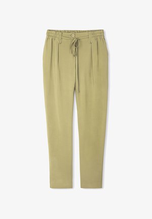 Hellgrüne Hose mit lockerem Schnitt, elastischem Bund, Knopfverschluss, Kordelzug und vorderen Falten. Glattes Material ohne sichtbare Muster.