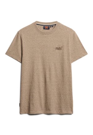 Brown heathered T-shirt made of soft cotton blend. Features a crew neck, short sleeves, and small brand logo embroidered on the front.