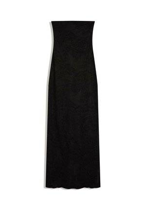 Fekete, pánt nélküli maxiruha finom texturált virágmintával, egyenes szabással és földig érő hosszúsággal.