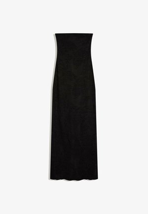 Fekete, pánt nélküli maxiruha finom texturált virágmintával, egyenes szabással és földig érő hosszúsággal.