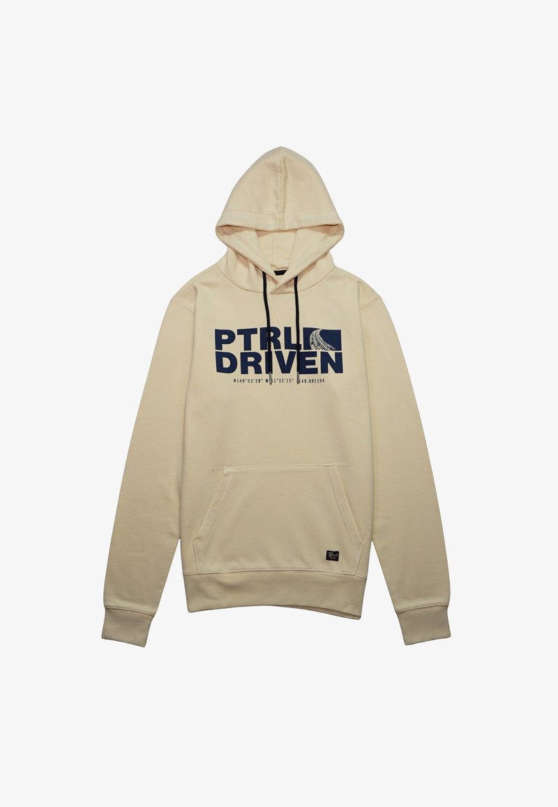 Krém színű kapucnis pulóver puha anyagból. Elől zsebe van, fekete húzózsinórral, és tengerészkék színű "PTRL DRIVEN" felirattal.