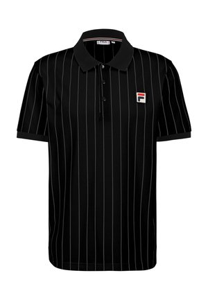 Czarny polo z pionowymi białymi paskami, zapięcie na trzy guziki i krótkimi rękawami. Posiada małą metkę z logo na lewej piersi.