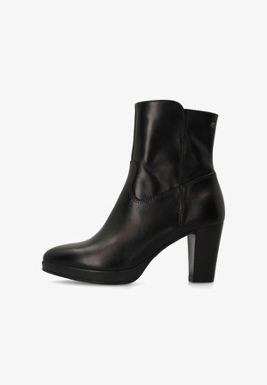 Black leather ankle boot with a sleek design, round toe, high block heel, and minimal stitching detail. Smooth texture throughout.